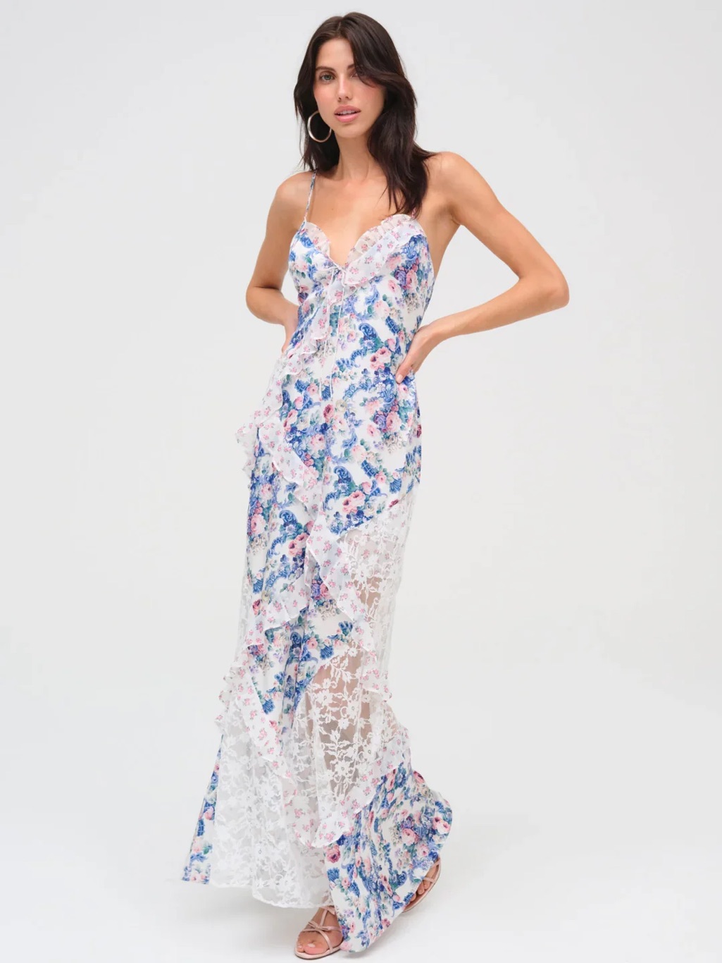 For Love & Lemons Blue Pink Floral Backless Lace Maxi Dress Large Joselyn